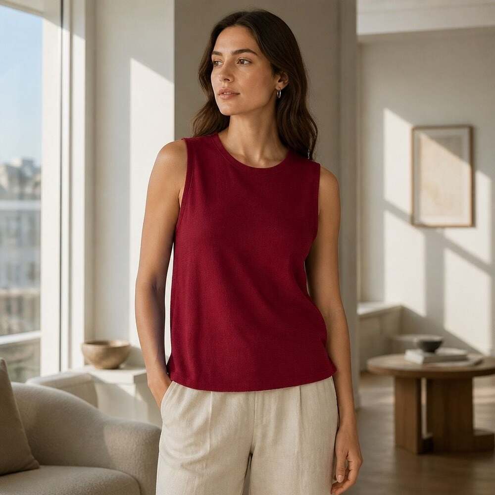 Eileen Fisher Red 100% Viscose Waffle Knit Tank Top
